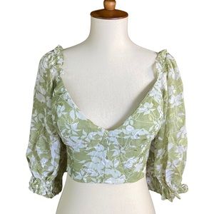 Petal & Pup Women's Crop Top Shirt Sz 8 Green Floral 3/4 Sleeve Tie Back New